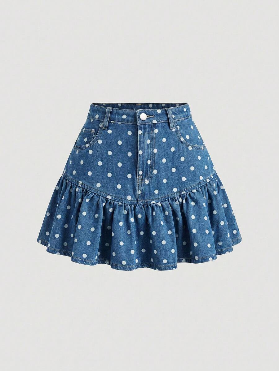 SHEIN Women's Polka Dot Pattern Ruffle Hem Denim Skirt - Black and White - View 1