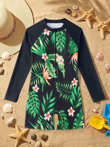 SHEIN Bộ đồ bơi liền thân in họa tiết hoa lá dành cho bé gái tuổi teen, thích hợp cho kỳ nghỉ biển, tiệc bể bơi, tiệc bãi biển. - trắng - Xem 8