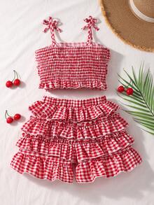 SHEIN Genkimix Kids 女童格子荷叶边吊带背心和蛋糕裙两件套 - 紅色 - 查看 2