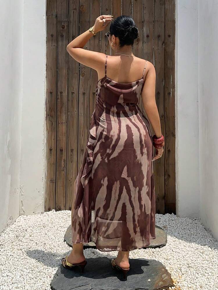 Dazy Plus Irregular Print Pattern Vacation Style Chiffon Spaghetti Strap Dress, Fitted Plus Size Women, Brown Long Dress, Spring/Summer