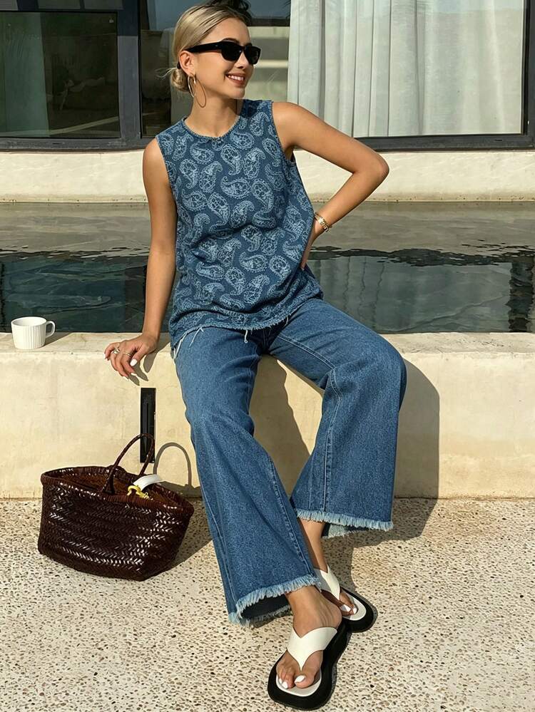 Women's Sleeveless Cashew Print Top And Jeans Set