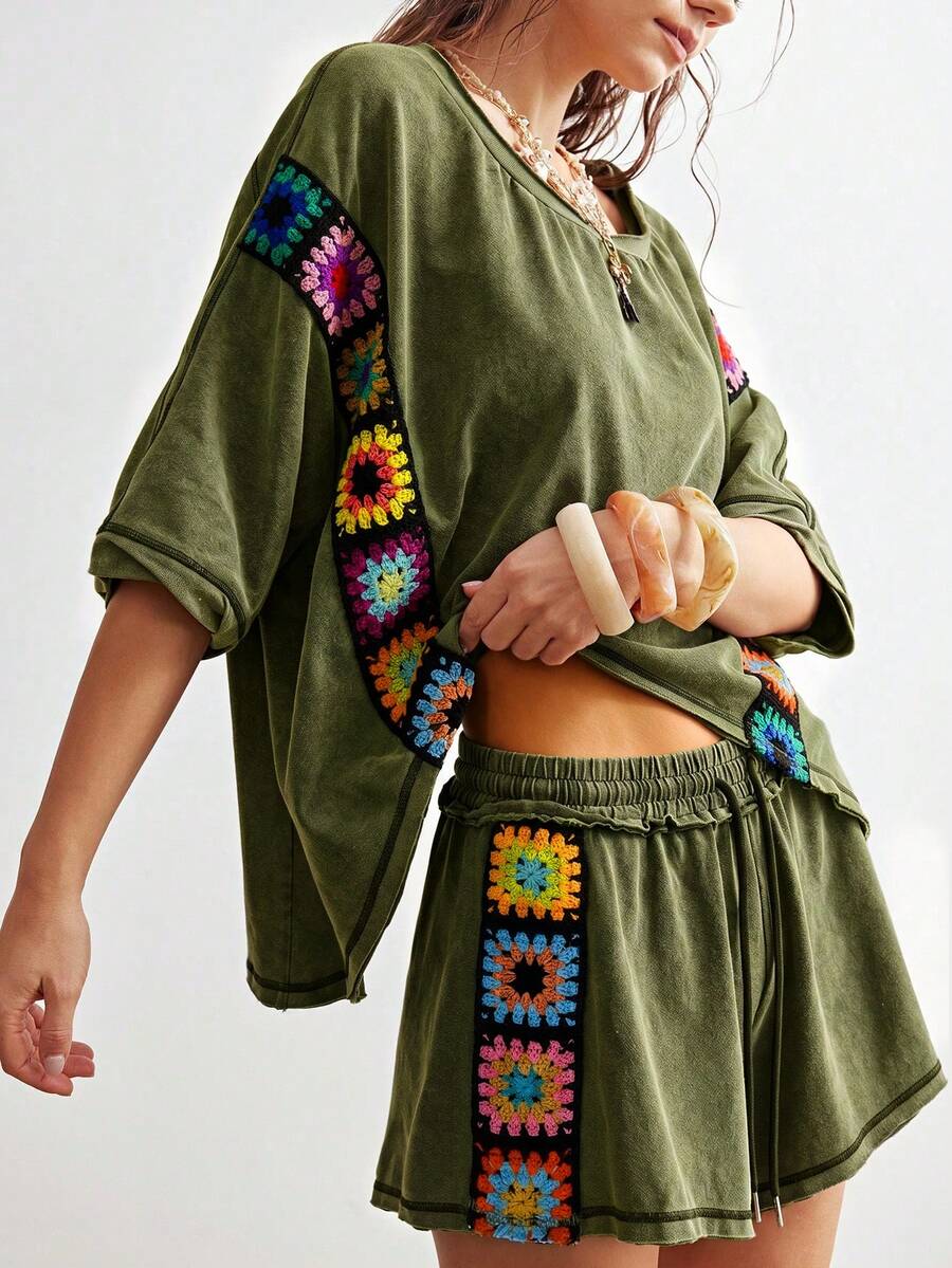 Bohemela 2件套 女士休闲纯色针织拼接缎带圆领宽松短袖T恤和短裤 - 軍綠色 - 查看 1