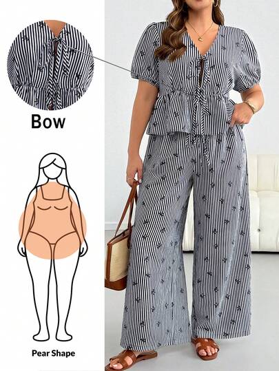 Shapeblank Plus-Size Women's Spring/Summer Fashion Casual Loose Comfortable Versatile Slimming Black Striped Bow Tie Top And Wide-Leg Pants Two Pieces Set,Vacation Outfits,Striped Two Pieces Set