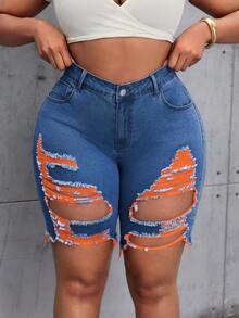 Slaydiva Plus Size Summer Fashion Distressed Slim Fit Denim Shorts - Medium Wash - View 4