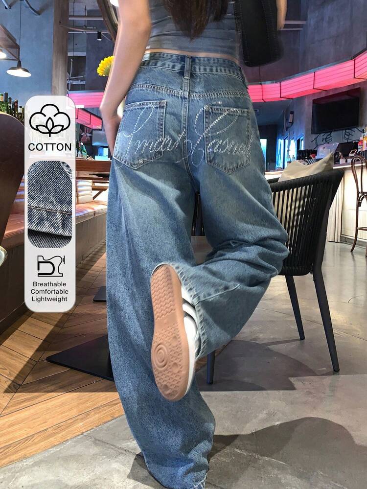 Women's Casual Street Style Rhinestone Decor Cropped Jeans