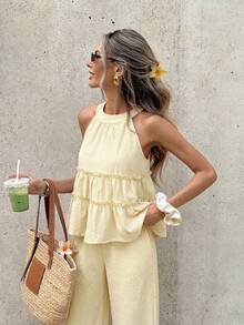 Conjunto casual de 2 piezas con top halter de cuello con volantes y pantalones a rayas para mujer - Caqui - Ver 6