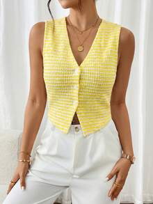 SHEIN Frenchy Women's Vacation Casual Striped Front Button Tank Top,Summer Top - Yellow - View 5