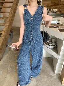 DAZY 女款極簡休閒無袖上衣與牛仔褲套裝 夏季 - 藍色 - 查看 3