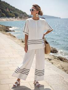 Faunlyn Women's Vacation Casual Contrast Stripe Side Slit Top And Pants 2 Pieces Set - White - View 4
