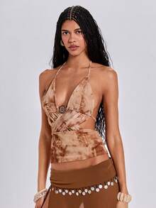 ROMWE Y2K Spring/Summer Vacation Sexy Vintage Floral Brown Print Criss-Cross Backless Halter Neck Tank Top For Women - Khaki - View 5