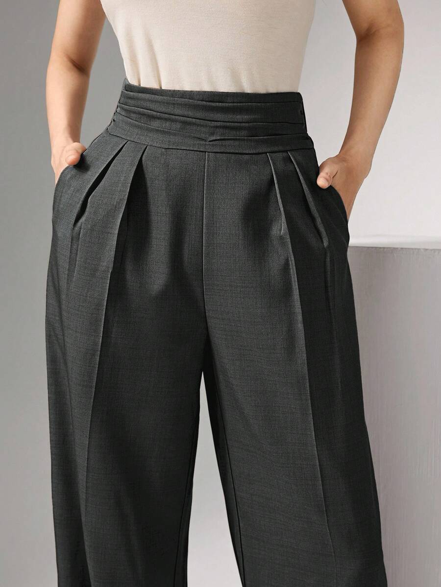 Heiryn Pantalones anchos de cintura alta plisados, elegantes y apropiados para ir al trabajo en otoño/invierno - Gris - Ver 1