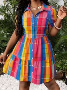 Slaydiva Vestido camisa de manga corta con un solo pecho a cuadros de colores para mujer de talla grande, adecuado para el verano - Multicolor - Ver 1