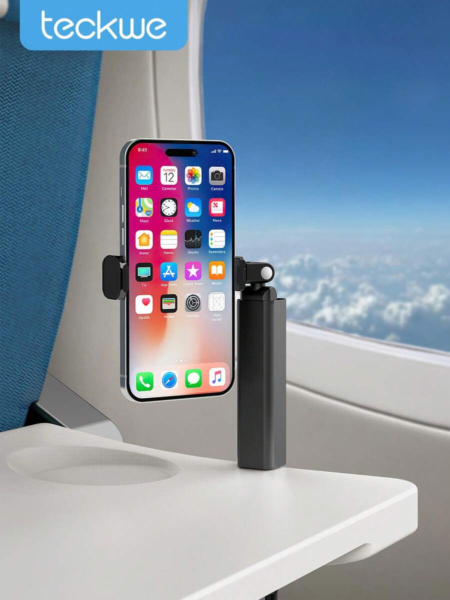 Teckwe Airplane Phone Holder, Portable Travel Phone Mount For Airplane Tray Table, 360° Rotating Hands-Free Stand For Flight, Train, Desk - Black - View 1