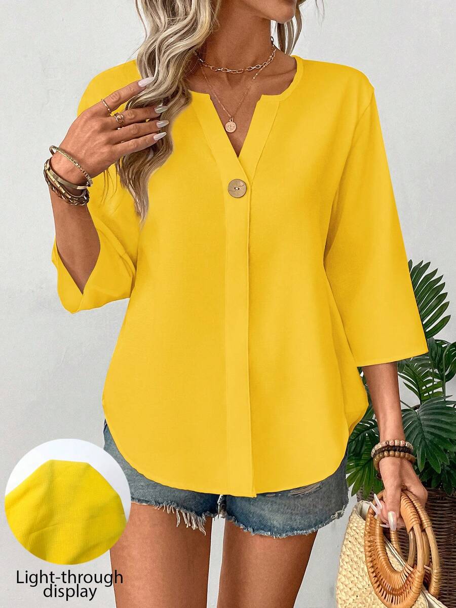 Balvessa Blusa de mujer de unicolor simple con cuello entallado para ir al trabajo - Amarillo - Ver 1