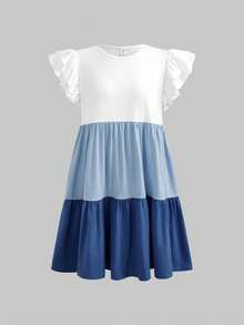 SHEIN Đầm ngắn tay ngắn dáng chữ A rộng rãi, phối màu khối cho bé gái, thích hợp mặc đi nghỉ mát, đi làm hàng ngày và đi làm. - Xanh và trắng - Xem 3