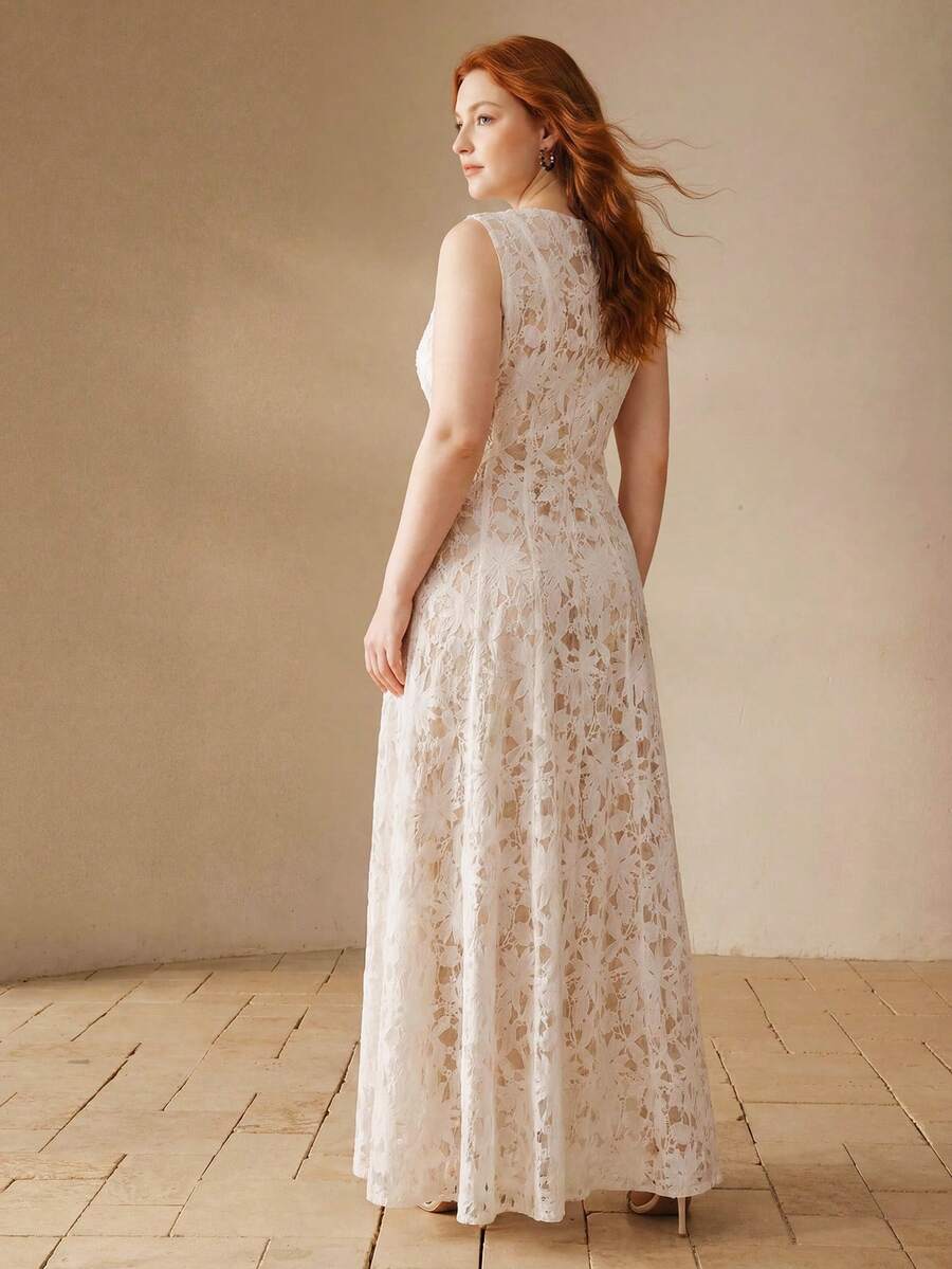 MOTF PREMIUM PLUS SIZE WOMEN EMBROIDERY MESH OVERLAY SLEEVELESS DRESS - White - View 2