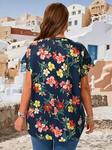 EMERY ROSE Plus Size Notch Neck Batwing Short Sleeve Casual Blouse, Summer, Vacation Boho - Multicolor - View 2