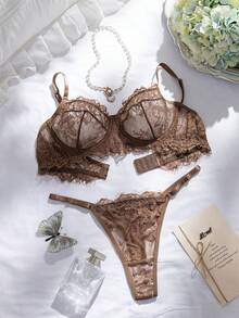 Divavoom 2 pezzi/Set Lingerie in pizzo rosso rosa, matura e sensuale - Caffè Marrone - Visualizzare 9