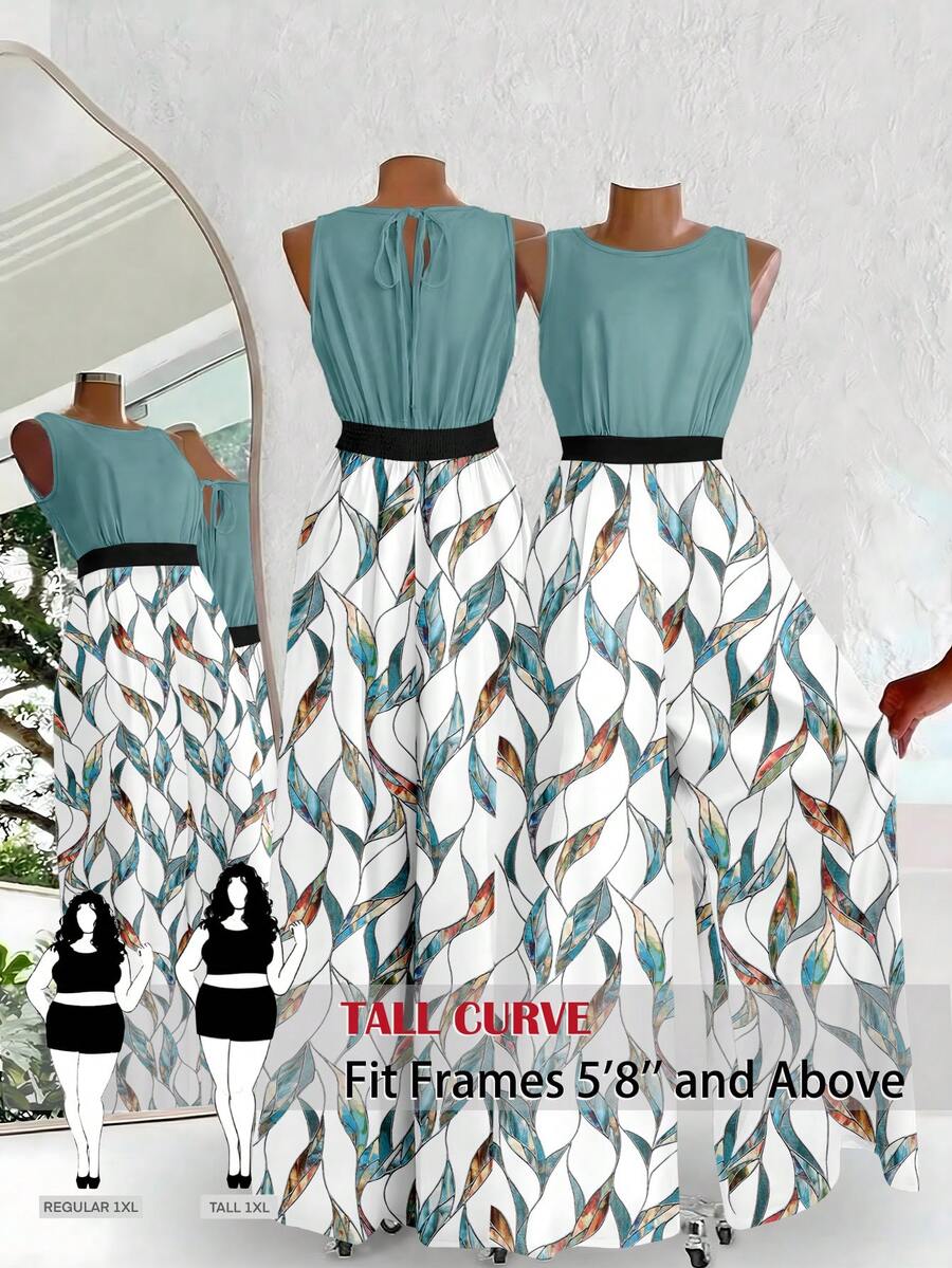 SHEIN Tall CURVE 大码女式树叶印花拼接休闲连体裤阔腿裤