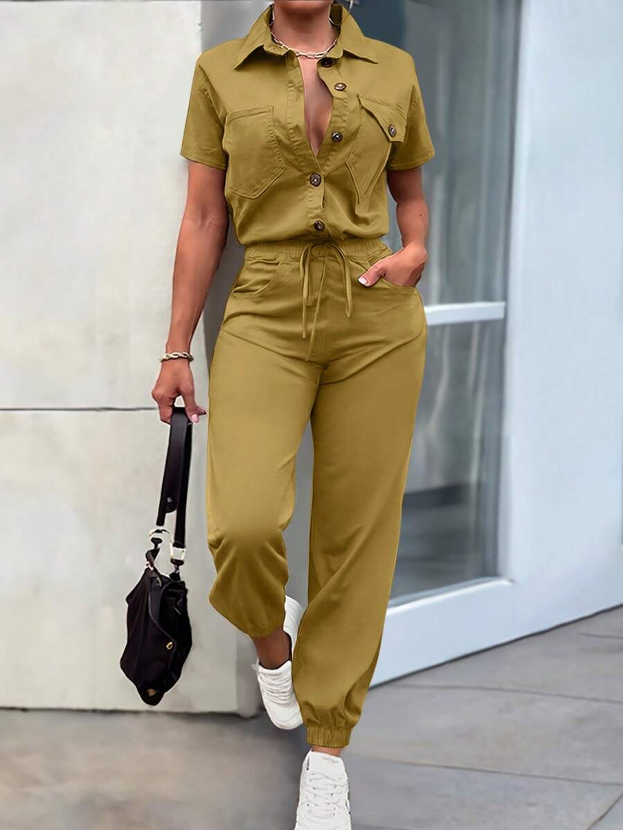 EMERY ROSE Women's Elegant Casual Button Decor Pocket Loose Top And Slim Fit Ankle-Length Jumpsuit, Spring/Summer Travel Mustard Yellow - Yellow - View 1