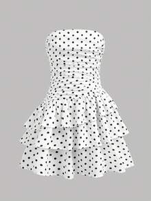 Girlism Vestido casual de vacaciones con estampado de lunares para niñas preadolescentes, diseño con volantes en el bajo y sin tirantes, adecuado para uso diario, elegante, fiesta, cita, reunión familiar, graduación, vacaciones - Blanco - Ver 4