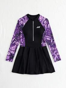 SHEIN 少女连体泳衣，保守度假风热带花卉针织面料，长袖拉链连衣裙款式，端庄优雅，适合游泳、夏季度假、海滩、泳池、节日派对等场合。 - 黑色 - 查看 6