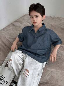 DAZY Tween Boy Boys' Denim Collared Short Sleeve Top Summer - Dark Wash - View 5