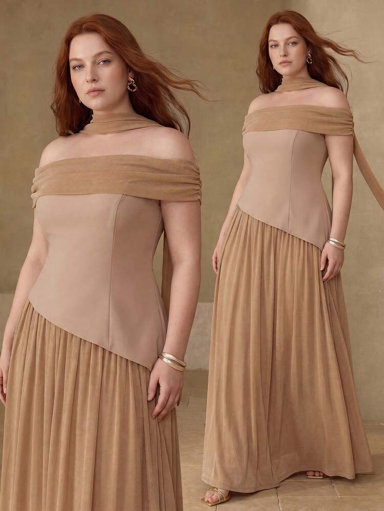 PLUS SIZE WOMEN'S OFF THE SHOULDER CONTRAST MESH DRESS, SPRING/SUMMER