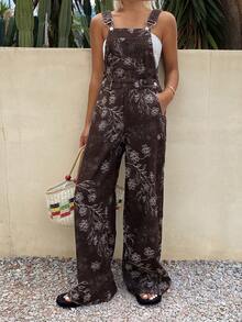 Livesso Brown Print Sleeveless Loose Denim Jumpsuit & Overalls For Women - Brown - View 9