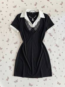 Elamini Vestido ajustado de manga corta con cuello polo, combinación de encaje y contraste de color negro y blanco 2 en 1, estilo elegante y retro, adecuado para la temporada de graduación, estilo escolar, uso diario y oficina, color negro - Negro - Ver 4