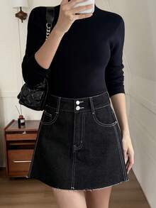 DAZY 女士高腰双排扣撞色缝线毛边牛仔迷你裙 - 黑色 - 查看 3