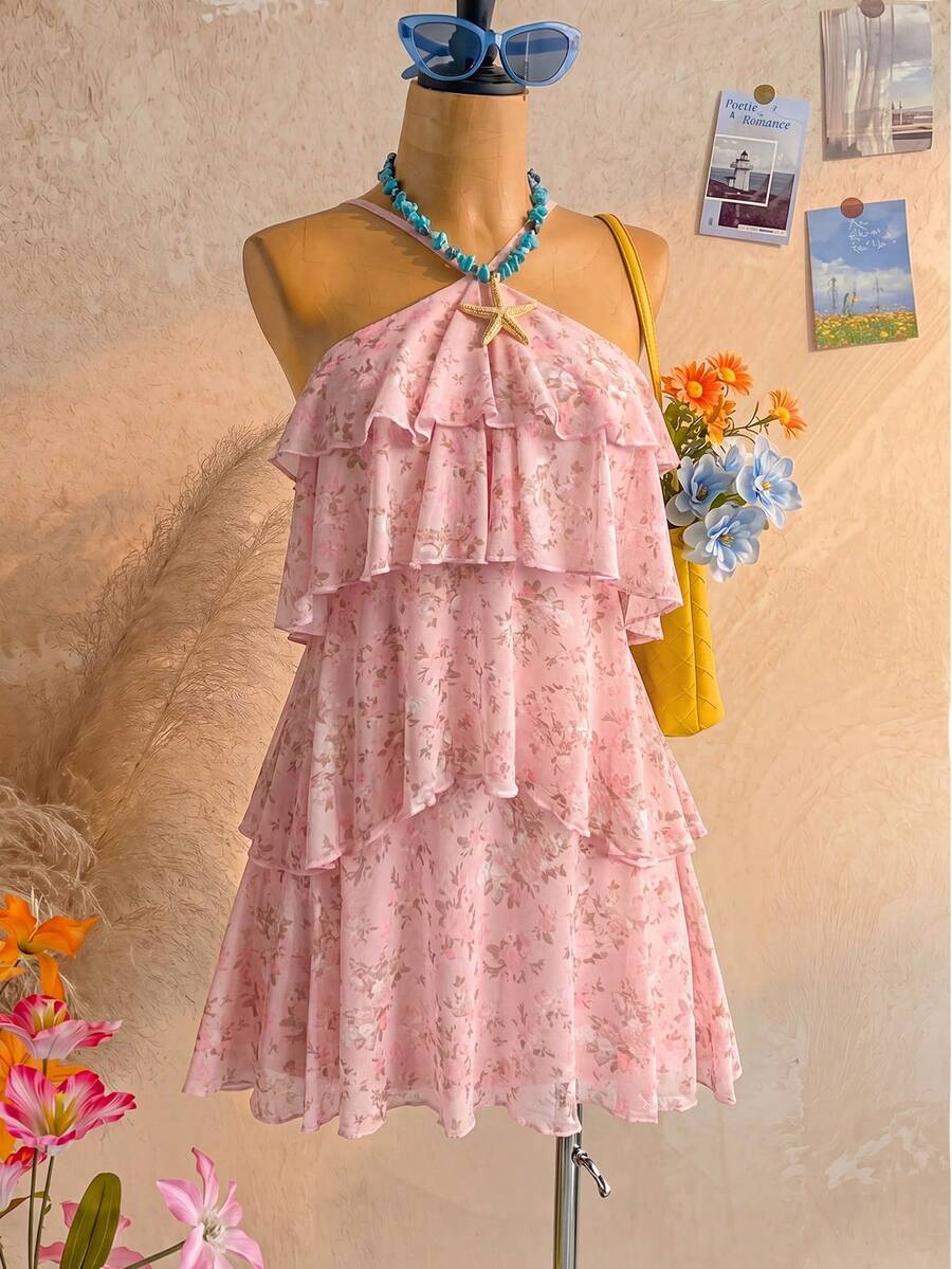 Soleia Pink Floral Summer Boho Holiday Vacation Holiday,Elegant Backless Multi-Layer Ruffle Chiffon Mini Dress For Women, Wedding Guest Party Beach - Multicolor - View 1
