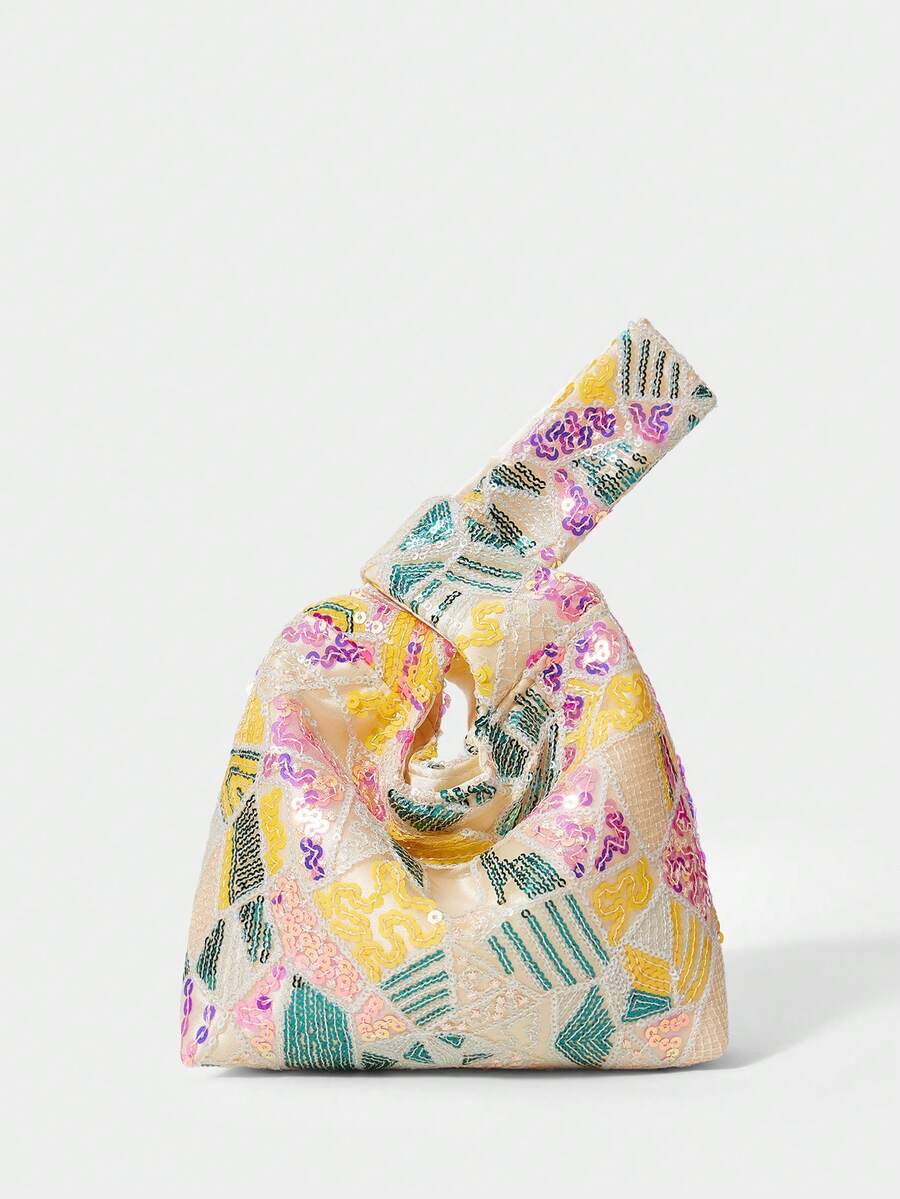 SHECARRY Ladies, Women Top Handle Bag, Evening Bag, Spring/Summer Multi-Colored Resort Style With Several Patterns And Sequins, Fashionable, Elegant, Simple, Personalized, Versatile, For Beach, Vacation, Holiday, Summer, Seaside, Beach Party(Random Pattern) - Light gold - View 1