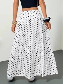 SHEIN PETITE Chân váy nữ chấm bi trắng kiểu dáng thường ngày, thích hợp cho đi chơi, phong cách đường phố, thời trang Y2K, mùa xuân/hè, chân váy boho trắng, chân váy maxi mùa hè. - trắng - Xem 2