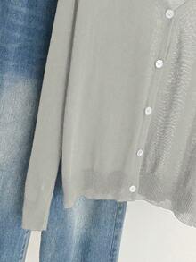 Calvaya Áo khoác cardigan dệt kim dài tay, cài một hàng cúc, thời trang, đa năng dành cho nữ cỡ lớn, thích hợp cho kỳ nghỉ. - Màu Xám nhạt - Xem 6