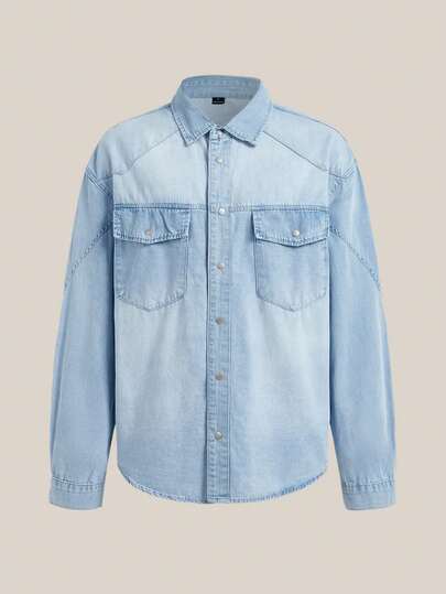 VeloEdit Men's Casual Distressed Pocket Blue Denim Shirt, Plain Wrist-Length Sleeve Collar Light Wash, Street Fashion, With Button Front & Button, Old Money, Father's Day Gift For Father & Boyfriend, Outfits For Men