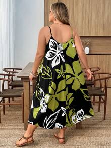 SHEIN CURVE+ Đầm dáng rộng thoải mái, dây mảnh, hở lưng, họa tiết cây, cỡ lớn, thích hợp cho kỳ nghỉ và đi biển. - Nhiều màu - Xem 3