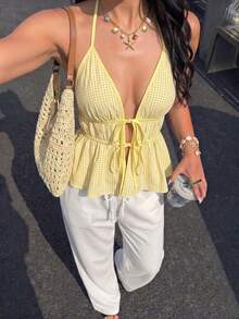 SHEIN PariChic 撞色系带露脐上衣，性感时尚套装，开衫衬衫，夏季度假装，女士春季套装，2026狂欢节女士风格，女士沙滩装 - 黃色 - 查看 1