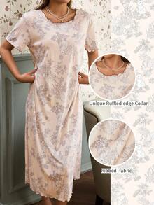 CottageSlumber Camisón de mujer de punto de canalé suelto de manga corta con dobladillo para conejo - Albaricoque - Ver 2
