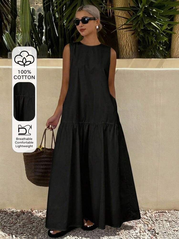 Women's Solid Color Round Neck Slant Pocket Casual Sleeveless Dress Sun Dresses For Women