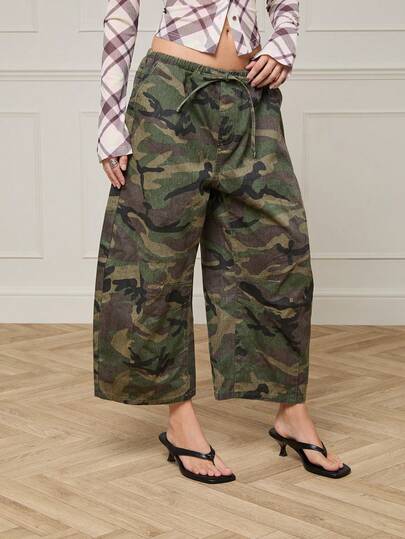 COUREZ Elastic Waistband Cropped Mid Balloon Jeans In Camo /Y2K Summer Outfits For Women Summer Botttoms Going Out Outfits Festival Outfits Party Outfits Spring Outfits For Women Casual Outfits Summer Clothes For Women
