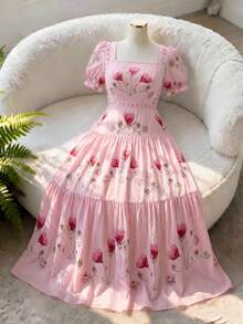 Vibekara Vestido de verano casual y elegante con cuello cuadrado francés, estampado, para citas/fiestas/vacaciones, de manga corta abullonada, bordado, talla grande, color rosa - Rosa - Ver 9
