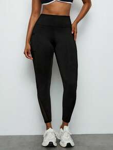 Levarali Plus Size Women's Mesh Side Phone Pocket Sports Leggings, Yoga Pants For Fitness, Running, Gym, Pilates, Outdoor Casual Wear, Spring/Summer, Summer Outfits For Women,Women's Gym Clothes,Gym,Women's Sweatpants,Sweatpants,Black Pants - Black - View 6
