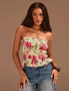 Athîral Women's Floral Print Ruched Casual Versatile Daily Wear Tube Top - Multicolor - View 2