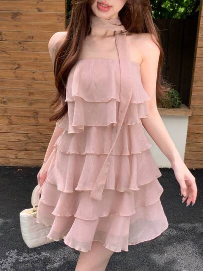 Joudiya Women's Vacation Solid Color Multi-Layer Ruffle Hem Fashionable Bandeau Mini Dress