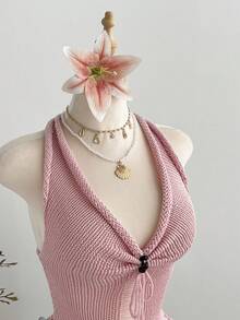 Elamini Áo len nữ kiểu dáng ngọt ngào, buộc dây cổ yếm, thắt nơ, cổ chữ V, đính cườm và khoét lỗ, thích hợp cho kỳ nghỉ. - Màu Hồng baby - Xem 5