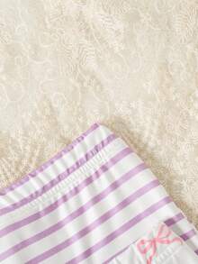 SHEIN Vintaside Kids 3件組女嬰夏季可愛白色與粉色蝴蝶結紫色條紋羅紋彈性腰短褲,柔軟舒適,適合度假,6個月-3歲 - 彩色 - 查看 7