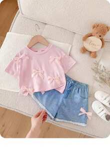 SHEIN 女婴蝴蝶结装饰圆领短袖T恤和短裤休闲套装 - 粉色 - 查看 7