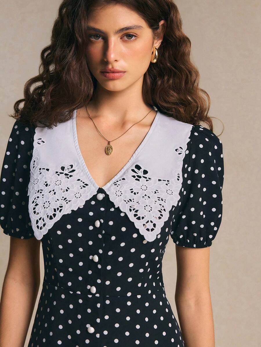 Poéselle Women's Blue Polka Dot Mini Dress, Elegant French Casual Work Brunch Day Party Outfits, Vacation Going Out, Summer Spring - Black and White - View 1