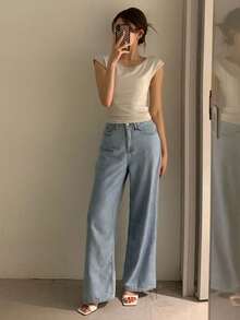 Dazy Tall Jeans de pierna recta y suelta para mujer, estilo casual de ciudad - Azul lavado medio - Ver 7